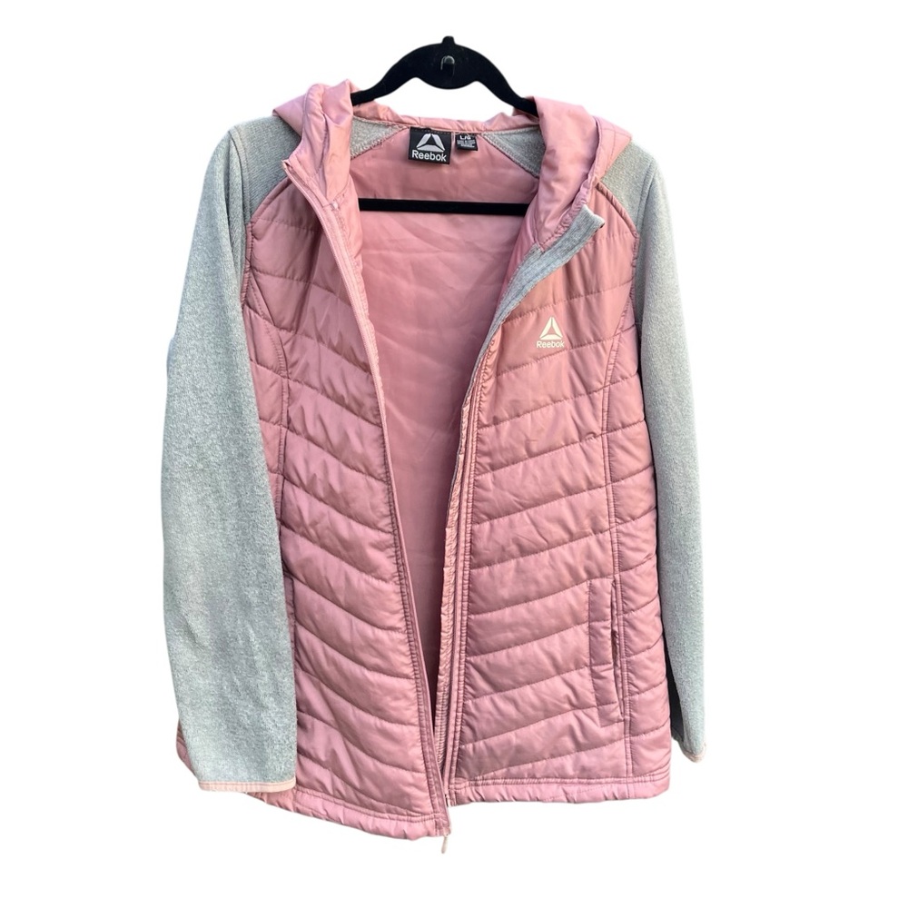 Reebok Pink Quilted Puffer Jacket‎ Gray Knit Sleeves Hood L Layering piece Sport